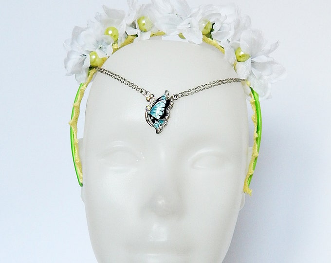 Flower crown headband, floral crown, flower headband, flower wreath, butterfly headband, flower head crown, white wedding flower crown