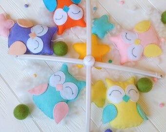 Baby Mobile Owls Music Mobile Orange Mint Yellow Purpule Stars Crib decore Easy woodland animals pattern Hand Sewing Pattern Gift Home decor
