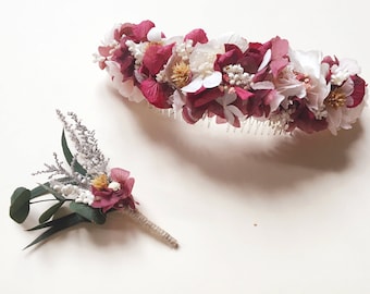 Tocado de flores preservadas en tonos rosa JULIA - Pink preserved flower headpiece - Bridal headpiece - Tocado para novia y invitada