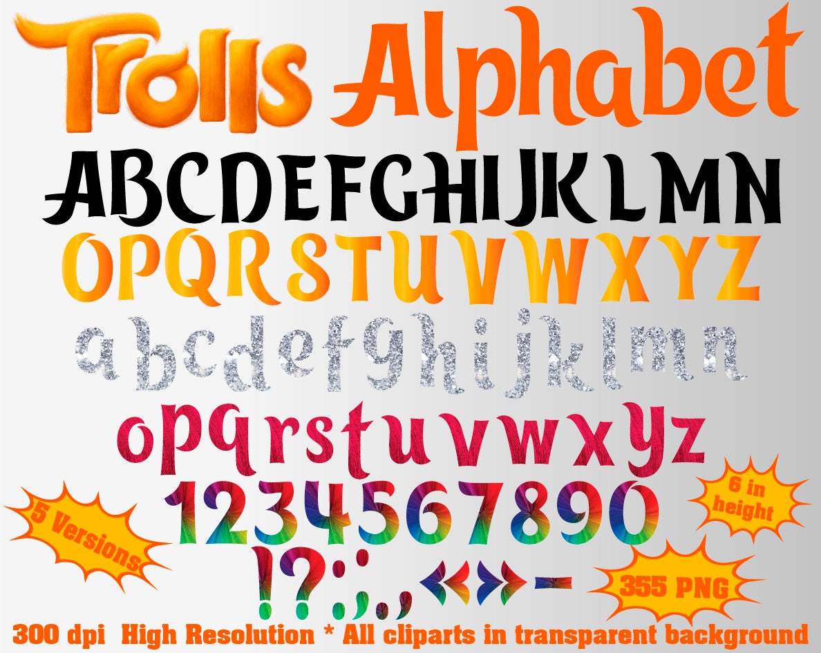 Trolls Full Alphabet Numbers and Symbols 355 PNG 300 dpi