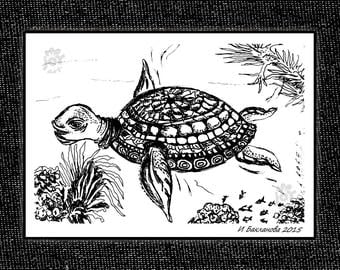 Big Sea Turtle 2015 Original handmade graphic drawing for instant download A2, A3 in black or white variation for you choise CMYK 300 DPI
