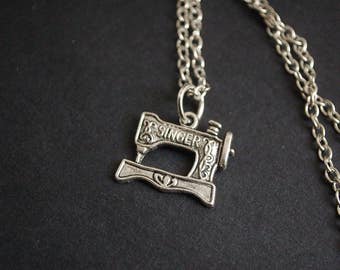silver tone singer sewing machine necklace