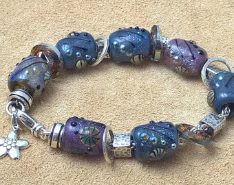 Sterling Silver Pandora Style Charm Bracelet, Lampwork Beads, Sterling Silver Beads, Swarovski Crystals, Lobster Clasp, Flower Charm