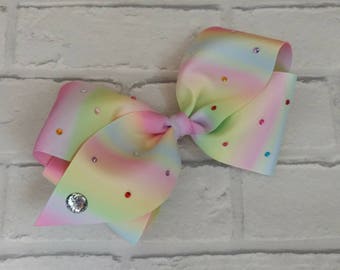 Girls large 6" inch pastel rainbow boutique hair bow with diamantés like JoJo Siwa Bows Signature Keeper Dance Moms