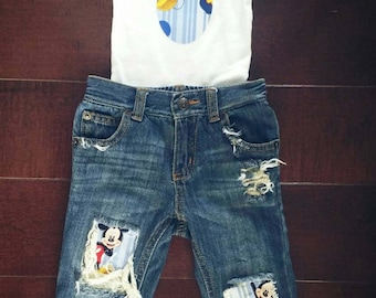 Mickey mouse distressed denim baby boy/toddler boy outfit/ matching onsie/tshirt/ photography prop/birthday outfit/cake smash/baby gift