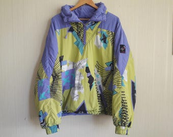 140 Vintage Ski Jacket Etirel, 90'S Printed Winter Jacket L-XL, Winter Parka Coat, Snow Jacket, green and purple winter jacket, windbreaker