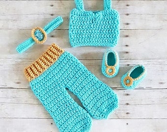 Crochet Baby Princess Jasmine Pants Top Shirt Headband Shoes Set Newborn Infant Baby Handmade Costume Dress Up Photography Photo Prop