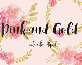 Watercolor clipart, floral clipart, instant download, pink gold clipart, wedding diy clipart, flowers clipart,wreath clipart, wedding wreath