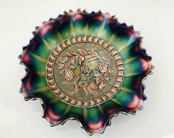 Iridized Amethyst Vintage Carnival Glass Bowl, electric green purple glass bowl