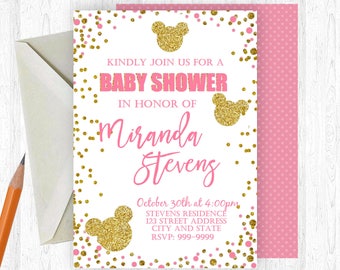 Minnie Mouse Baby Shower Invitation, Minnie Mouse Baby Shower, Watercolor, Gold and Pink, Shabby Chic, Boho Invitation, Baby Shower