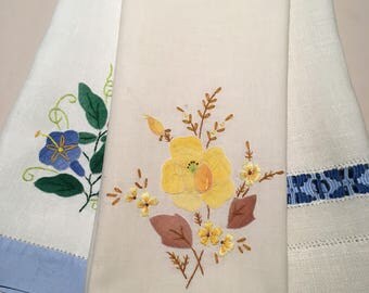 Three Vintage Embroidered Tray Cloths/Hand Towels