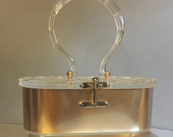 Vintage 1940s Carved LUCITE Purse / Charkes S. Kahn ORIGINAL Gold METALLIC Box Bag Purse