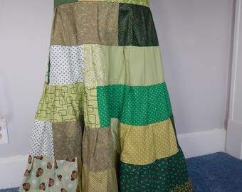 Green Goddess All Patchwork Tiered Skirt, Hippie Skirt, Spinner Skirt, Hippie Patchwork skirt, Full Length , Maxi Skirt,grateful dead skirt