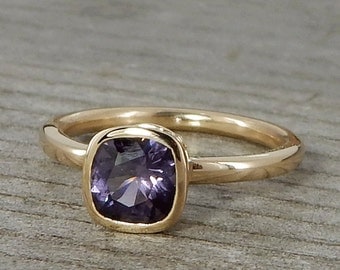 Purple Spinel Ring, Recycled 14k Yellow Gold, Hybrid Peekaboo Bezel Setting, Square Cushion, Ethically Sourced Gem, Ready to ship, size 6.25
