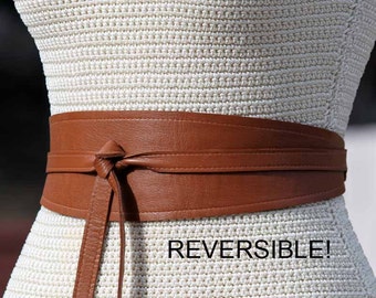 REVERSIBLE Leather Belt obi Wrap Sash - Warm Camel Brown / Caramel - XS S M L Petite & Plus Size - choose bonus fabric print for reverse
