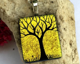 SALE Dichroic Glass Pendant Hand Etched Tree - Studio Clearance