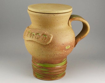 Ceramic Travel Mug, Words Travel Mug, Car Mug, Unique Car Mug, Coffee Car Mug, Brown Car Mug, Brown and Green Car Mug, Stoneware Car Mug