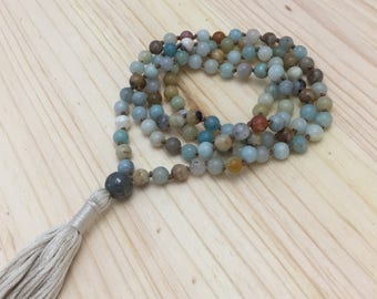 Amazonite Mala, Knotted Mala, Mala Beads, Labradorite, Tassel Necklace, Yoga, Meditation
