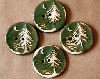 4 Handmade Ceramic Buttons - Moon over Cedar Buttons - Woodsy Evergreen Buttons in Stoneware