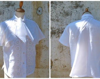 Vintage 1950/50s white eyelet mid century secretary blouse size S