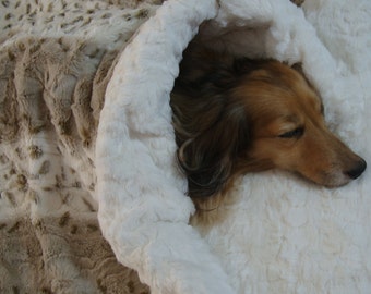 Dog Bed - Snuggle Sack - Plush Minky Fur - 23 x 26 - Artic Lynx in Ice and Taupe - Includes Embroidered Personalization