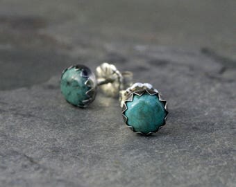 Turquoise Stud Earrings Sterling Silver 6mm Cabochon Round Natural Gemstone Post Handmade Jewelry Serrated Bezel Antiqued Oxidized