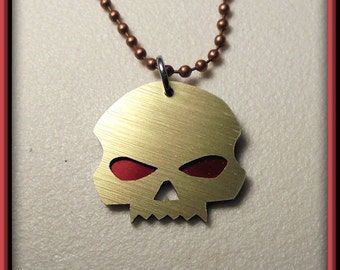 Copper Skull Necklace, Copper Skull, Vampire Skull, Skull Pendant, Aluminum, Red Back, Hand Crafted, Motorcycle, Goth, Biker, Red Eyes, Goth