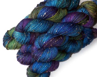Hand Dyed Yarn Tweedy DK Light Worsted Handdyed Yarn, Blue Dragonfly, 230 yards