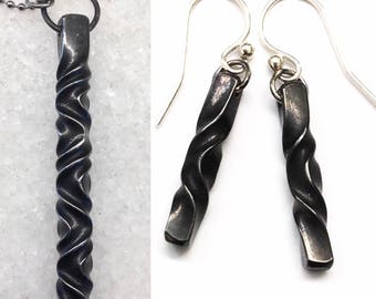 Statement steel twist pendant and earring set - 6th anniversary gift for her - iron anniversary - 11th anniversary - handmade jewelry -