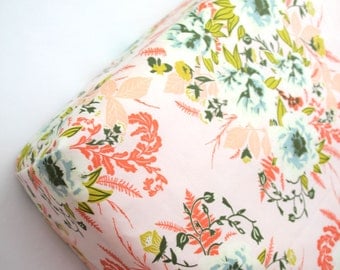 Pink, Peach and Coral Floral Fitted Crib Sheet, Mini Crib Sheet or Changing Pad Cover