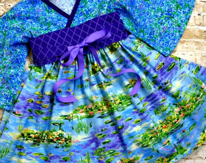 Lily Pond Dress - Girls Twirl Dress - Toddler Spring Dress - Blue - Birthday Party - Little Girls Kimono Dress - Preteen - 2T to 14 yrs