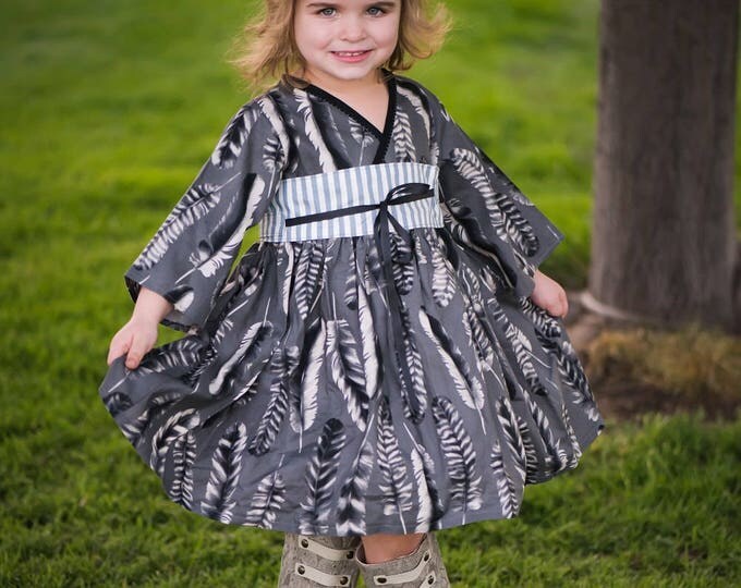 Elegant Grey Dress for Girls - Toddler Clothes - Feather Print - Kimono Dresses - Tea Party Birthday - Photo Shoot - Handmade - 2T to 14 yrs