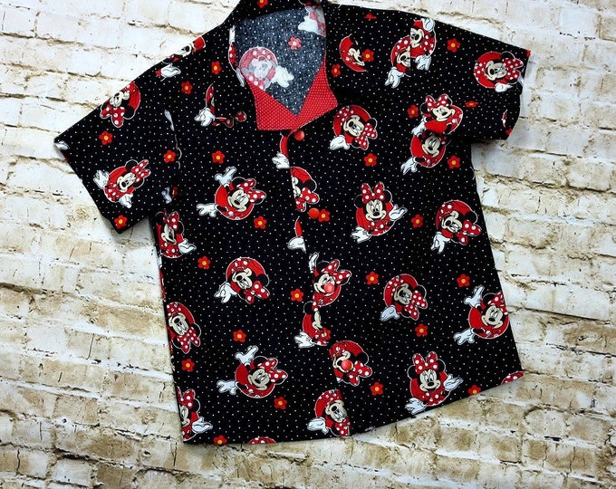 Kids Summer Shirt - Minnie Mouse Birthday - Toddler Girls Clothes - Disney - Bowling Shirt Style - Handmade Little Girls - sz 3T to 8 yrs