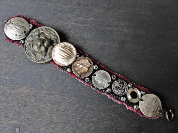 Antique fabric wrist cuff bracelet with coin, button embellishments - “Selenotropism”