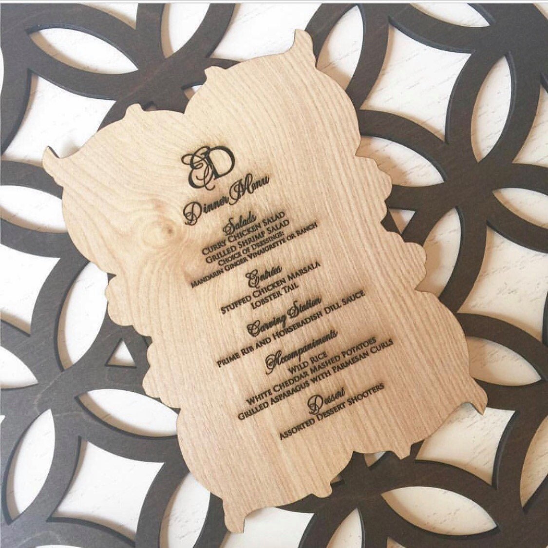 Laser cut and engraved wooden rustic menu card