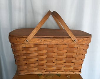 Picnic Basket Vintage Distressed Brown Wood Large Storage Fold Handles Hinged Lid Farmhouse Decor