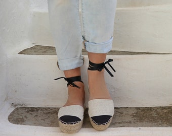 Espadrille Sandals. Lace up Chanel Style Espadrilles in Cream and Black. Summer Leather and Fabric Shoes. Women's Sandals. Greek Sandals.