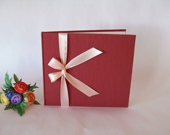 Lined guest book - terra cotta with peach satin ribbon -8x9in 20x23cm - Ready to ship