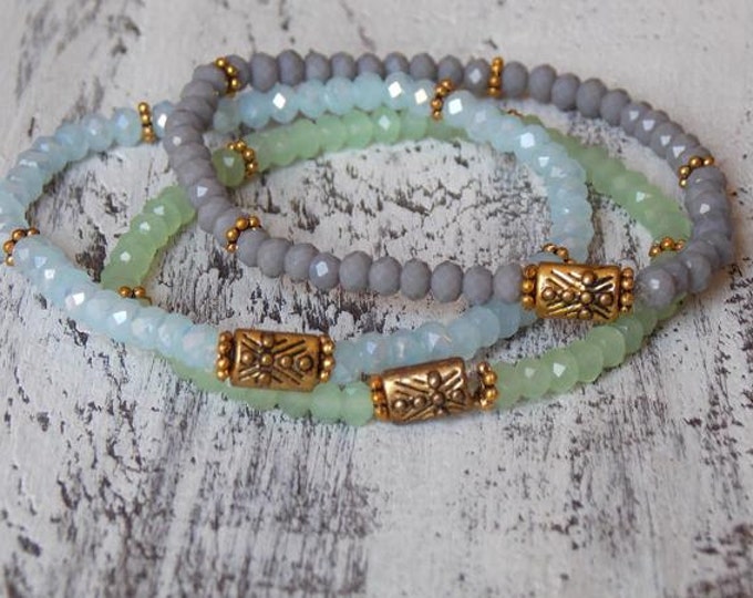 Gold Bracelets Glass Beaded Bracelet Set of 3 Stack Stretch Bracelets - Gray, Green, Blue Boho Bohemian Layering Jewelry