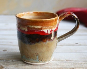 Stoneware Pottery Mug with Artful Melting Dripping Earthy Gold and Brown Glazes Handmade Coffee Cup Made in USA