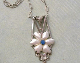 Antique Art Deco 1920's Sterling Marcasite and Pearl Pendant Necklace With Sterling Chain; Old Sterling Necklace, Old Pearl Necklace (#3143)