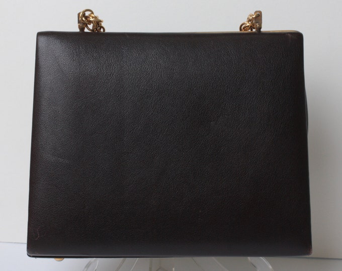 Dark Brown Structured Leather Handbag Gold Chain Lopez Argentina Vintage