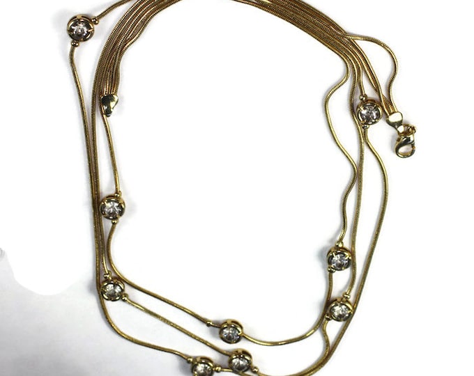 Crystal Station Necklace Three Chains Gold Tone Serpentine Chain Vintage