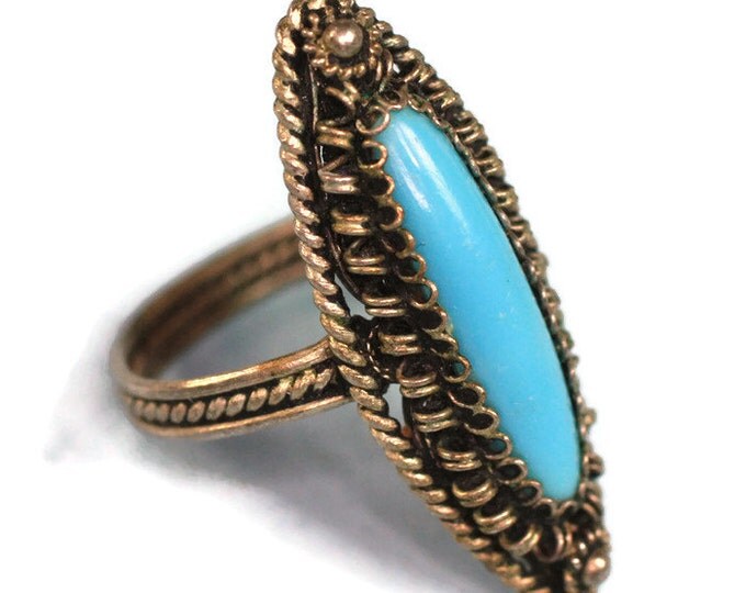 Turquoise Lucite Cabochon Ring Silver Cannetille Filigree Vintage Size 7.5/P
