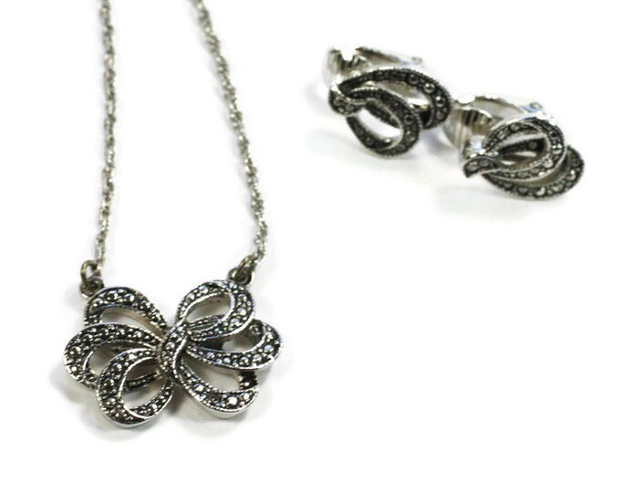 Avon Faux Marcasite Bow Necklace and Earrings Set Vintage