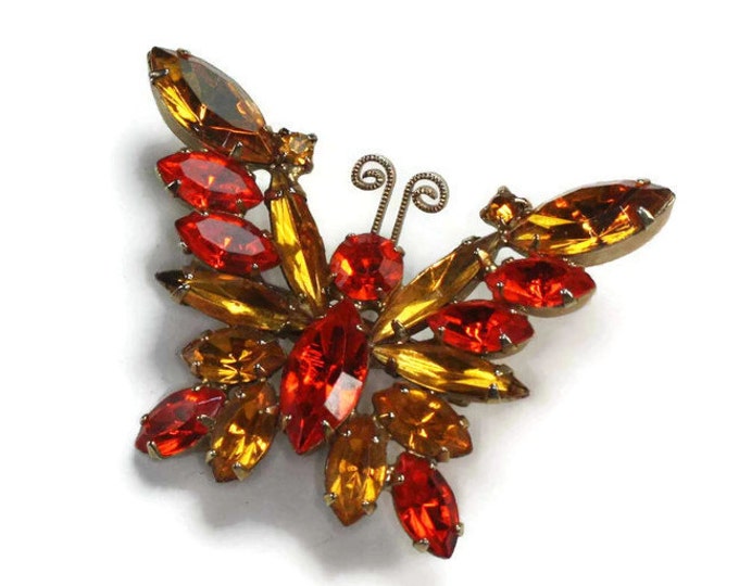 Orange and Topaz Rhinestone Butterfly Brooch Vintage Autumn Colors