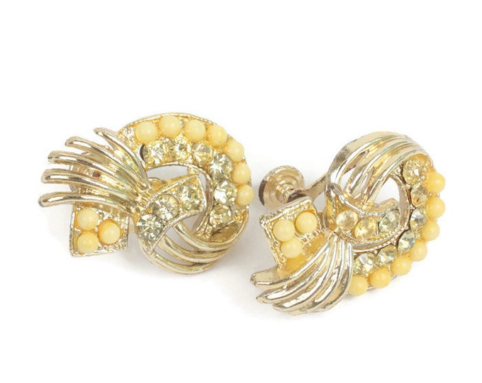 Yellow Rhinestone Beaded Earrings Gold Tone Screw Back Vintage