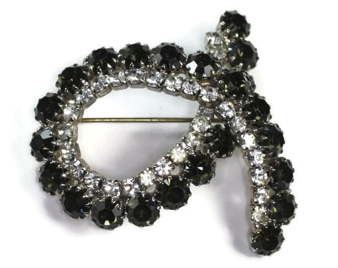 Black and Clear Rhinestone Brooch Looped Design Unusual Vintage