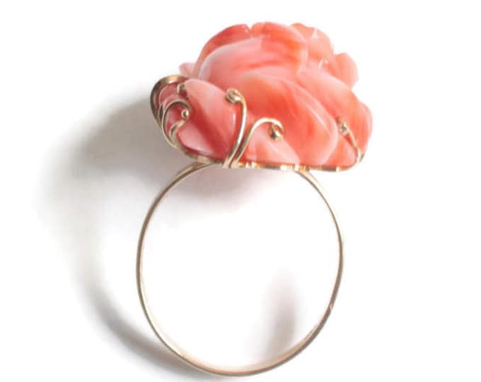 Carved Coral Rose Flower Ring 14K Gold Size 7 3/4