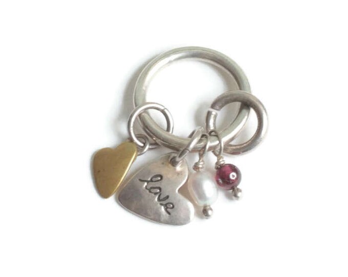 Multi Charm Pendant Sterling Brass Heart Pearl Purple Bead Vintage